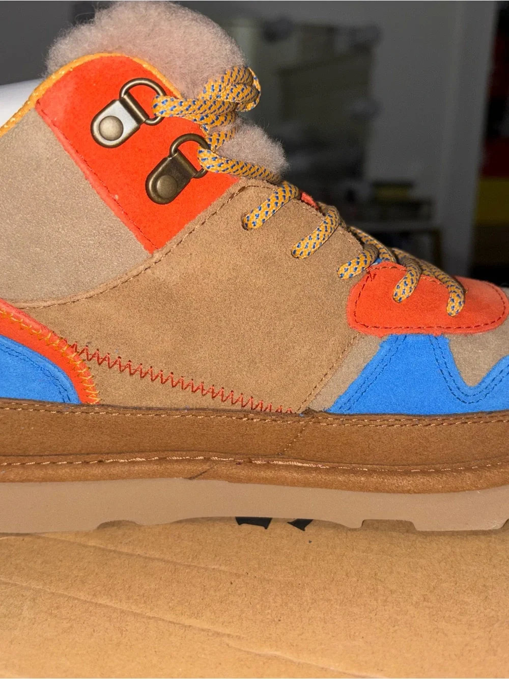 UGG Kids Brown Suede Boots with Blue & Orange Accents